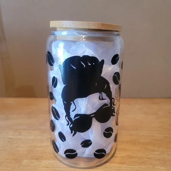 Mama Needs Coffee Glass Tumbler with Bamboo Lid And Straw 16oz - Picture 3 of 7